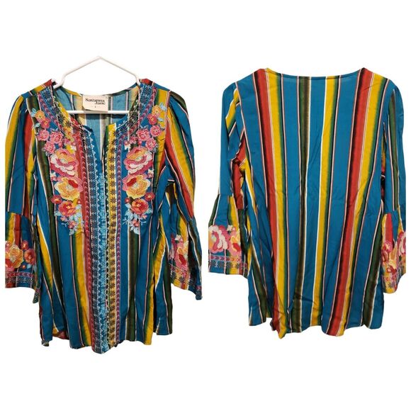 Savanna Jane Size Small Serape Stripe Embroidered Bell Sleeve Boho Tunic Blouse - Picture 1 of 9